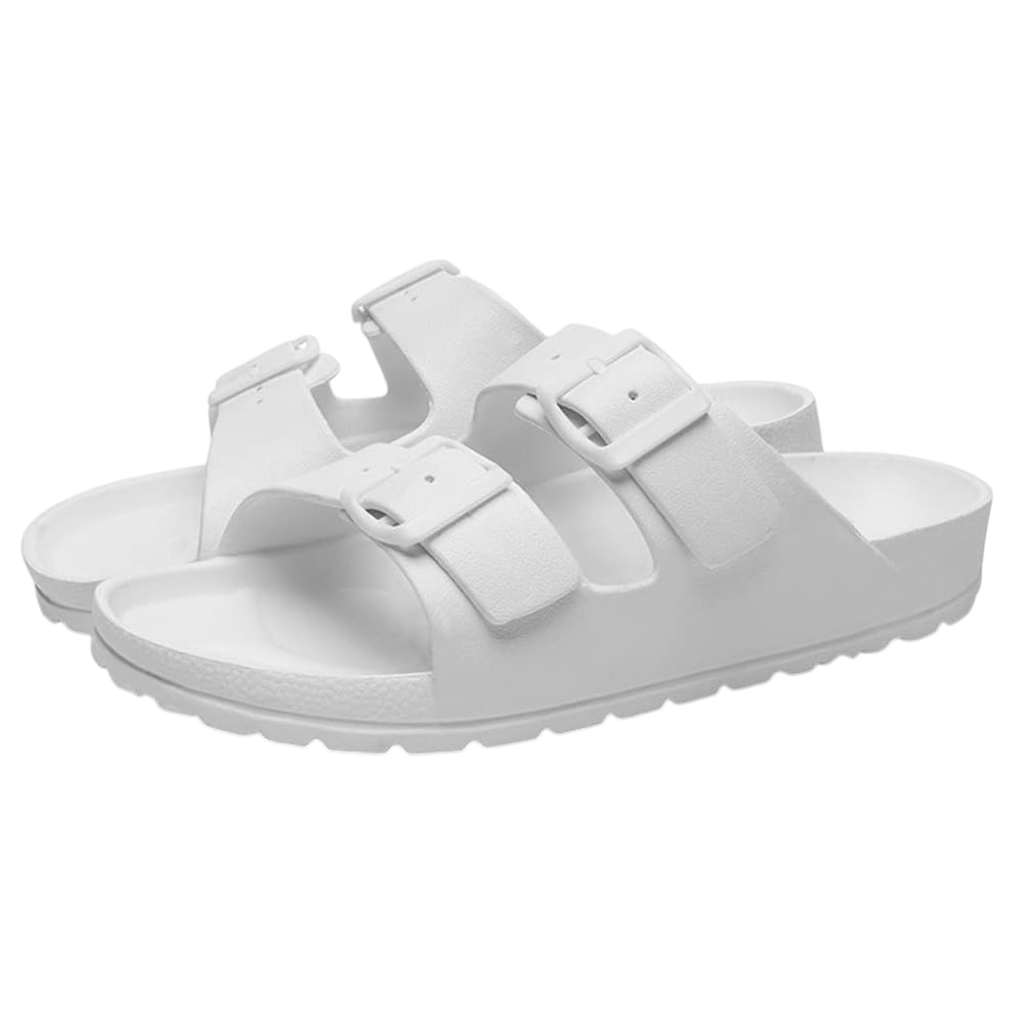 White Lightweight slip-on sandals with adjustable double buckle straps perfect for holiday's, beach and swimming pools